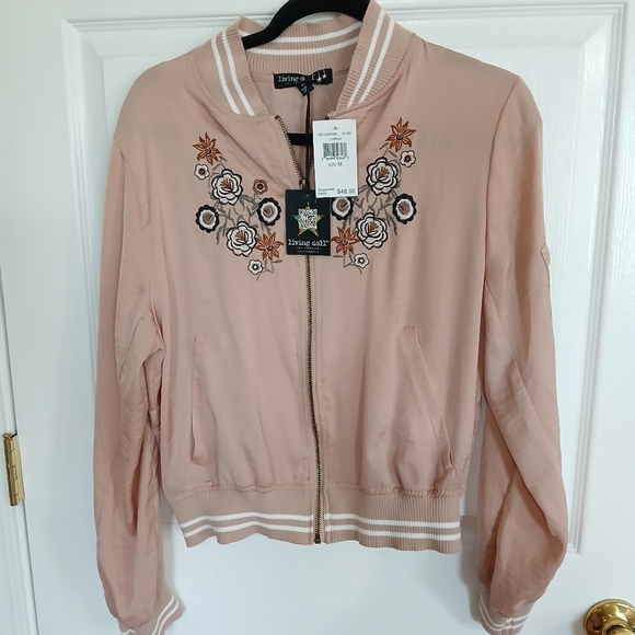 living doll Jackets & Blazers - LIVING DOLL Pink Lightweight Bomber Jacket With Floral Embroidery NWT size M